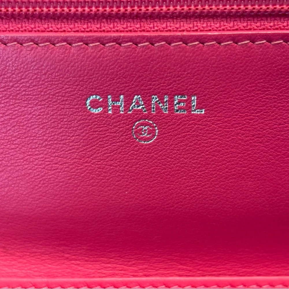 CHANEL Patent Calfskin Quilted Wallet On Chain WOC Strawberry Pink 🍓 - Picture 14 of 16